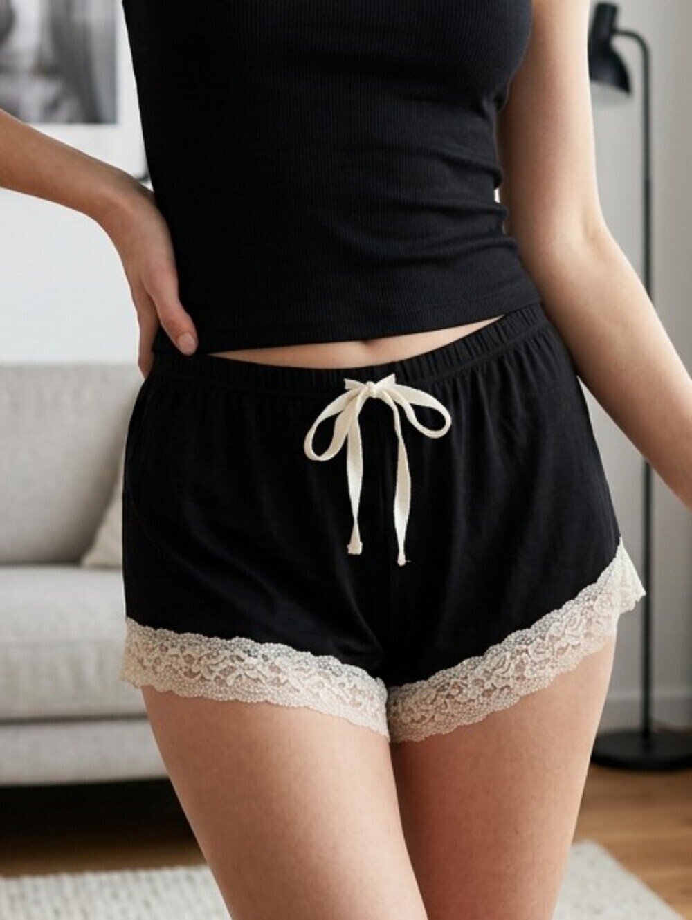 Women's Luxe Honeydew Black & White Lace Trim Pajama Lounge Shorts XL Super Soft